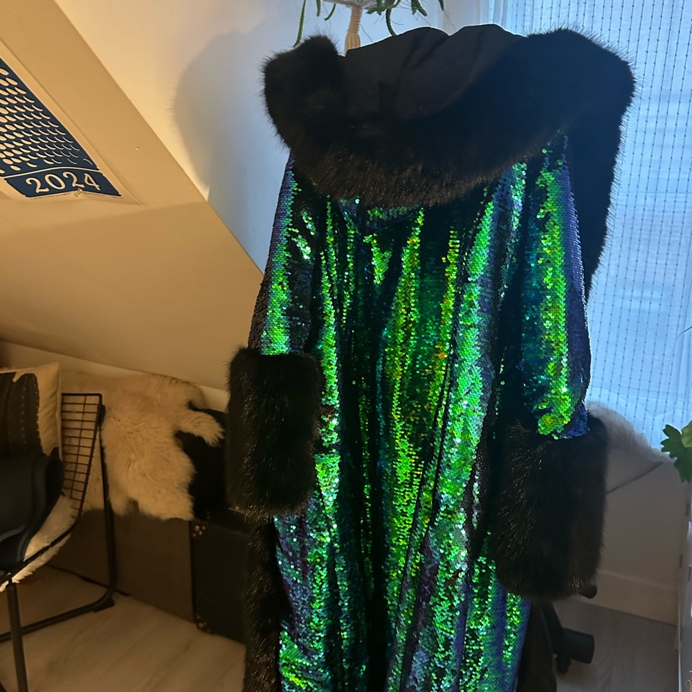 Green and black flip sequin coat with a soft minky faux fur trim